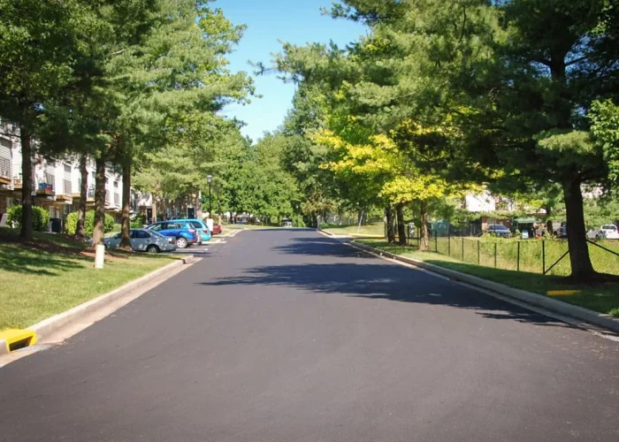 Freshly paved asphalt road in a HOA community