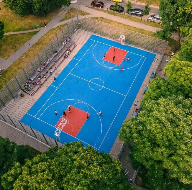 Blue and red outdoor basketball court